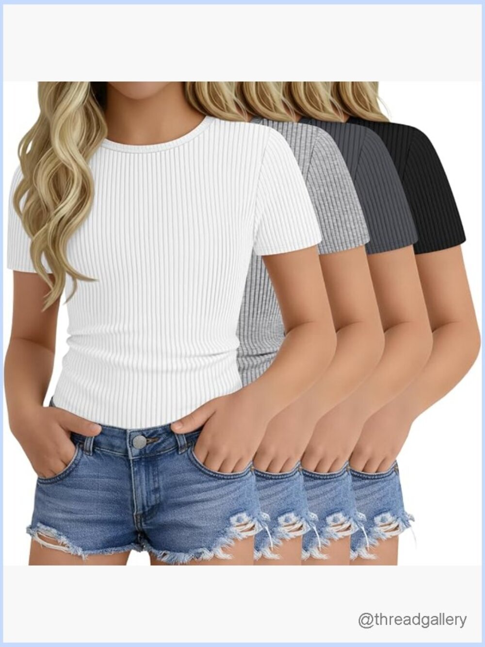 4 Pack Girls Ribbed T-Shirts Short Sleeve Crew Neck Slim Fit Casual Tees